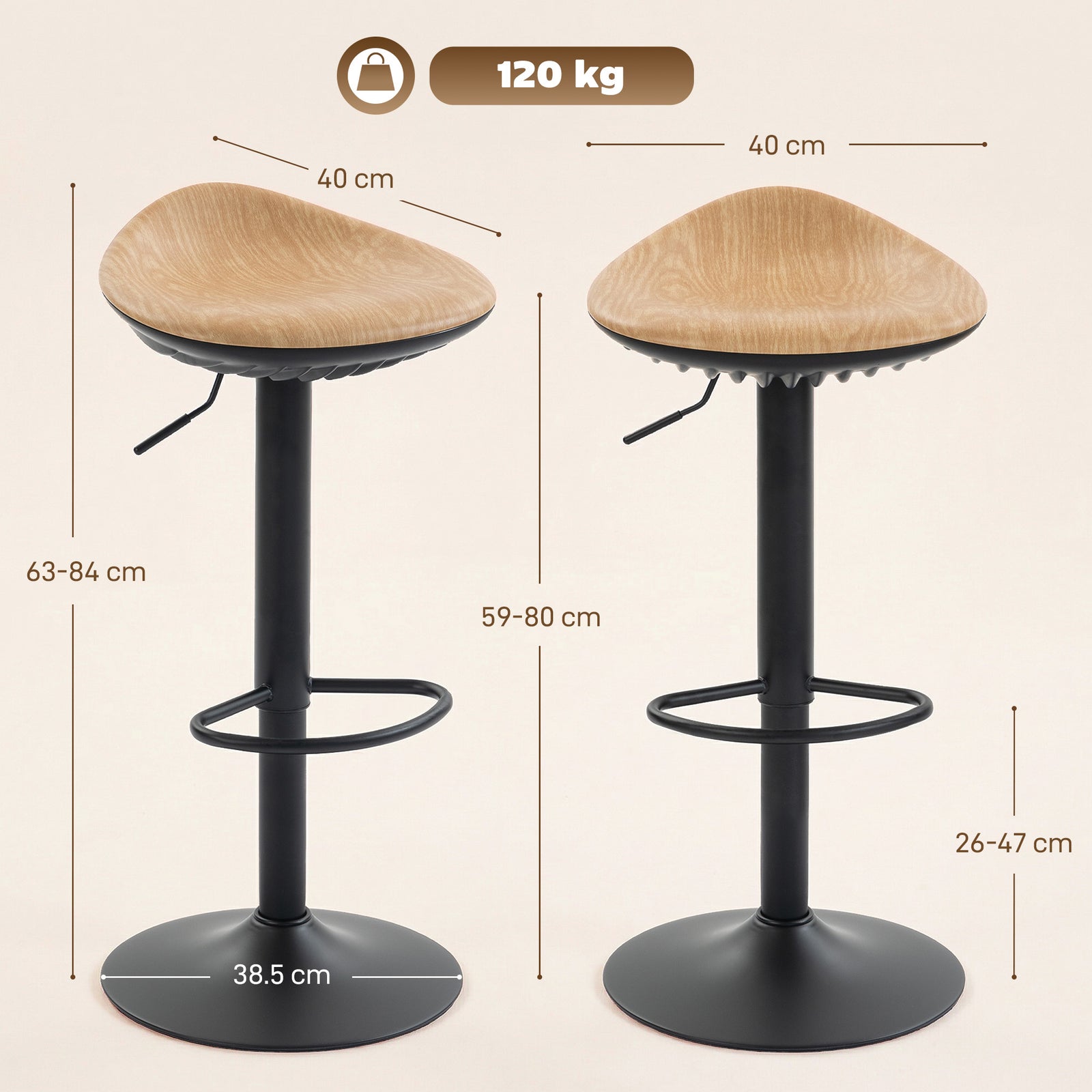 Set of 2 Barstools PU Leather Kitchen Stools with Saddle Seat Height A