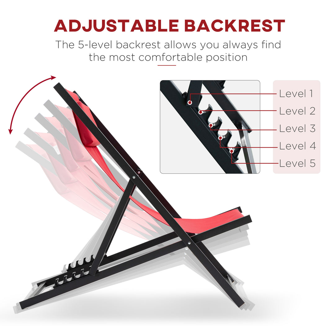 MCL Set of 2 Folding Garden Beach Aluminium Frame Deck Chairs Deckchairs Seaside Folding Garden Patio Lounger, Red