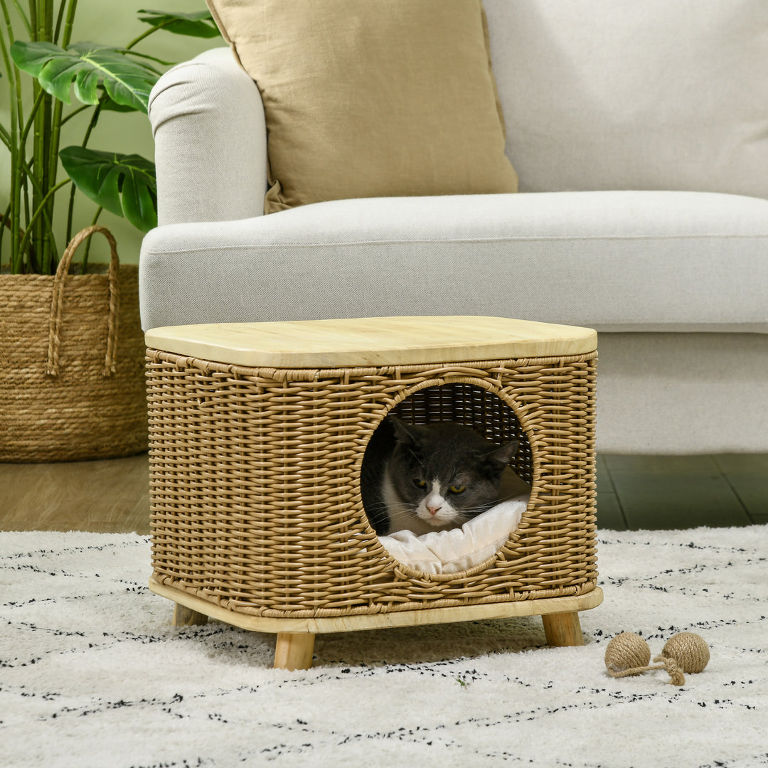 PawHut Elevated Design Wicker Cat House with Washable Cushion, Light Brown