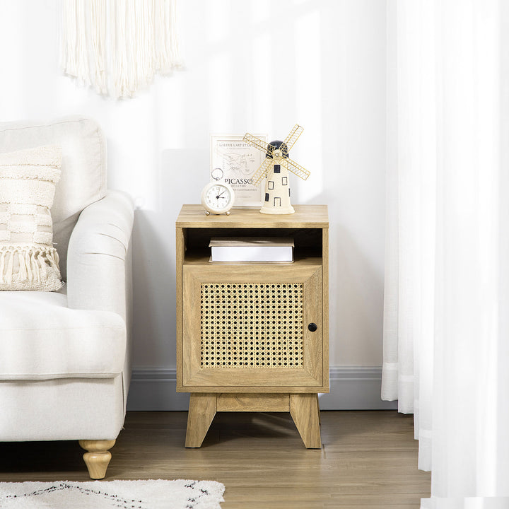 HOMCOM Bedside Cabinet with Rattan Detail, Side Table with Shelf & Cupboard, 39x35x60cm, Natural | Aosom UK