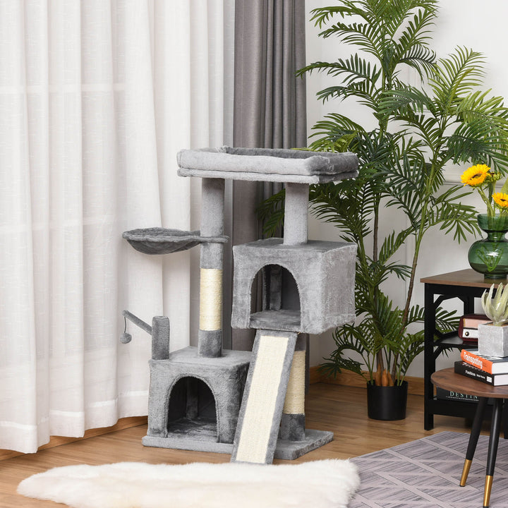 PawHut Cat tree Tower 111cm Climbing Kitten Activity Centre with Sisal Scratching Post Pad Perch Hanging Ball Hammock Condo Toy Grey | Aosom UK