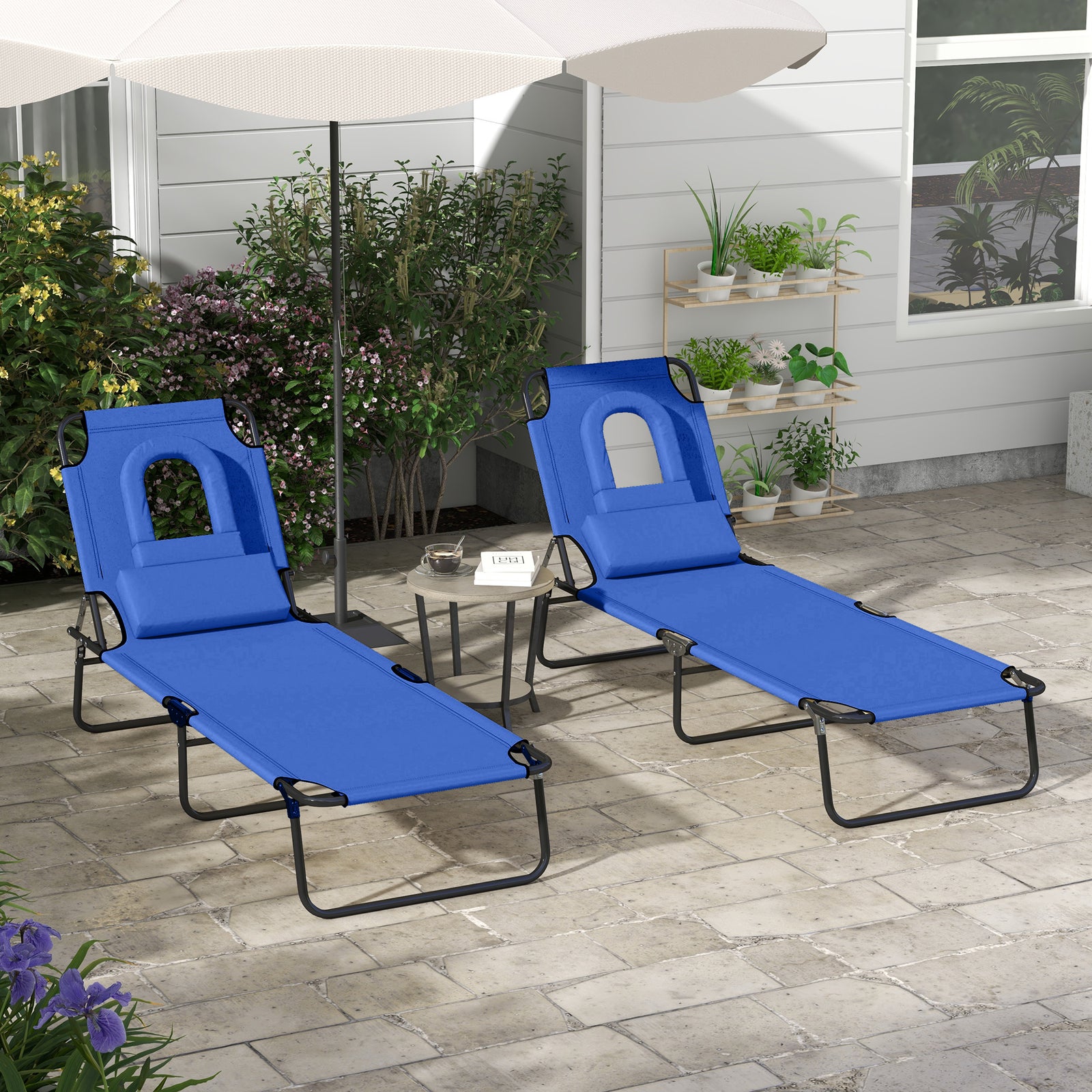 Outdoor Folding Sun Lounger Set of 2 with Face Hole, 4 Level Adjustable Backrest Reclining Garden Lounger, Garden Recliner Sunbed with 600 D Oxford Cloth Seat and Pillow for Beach, Blue