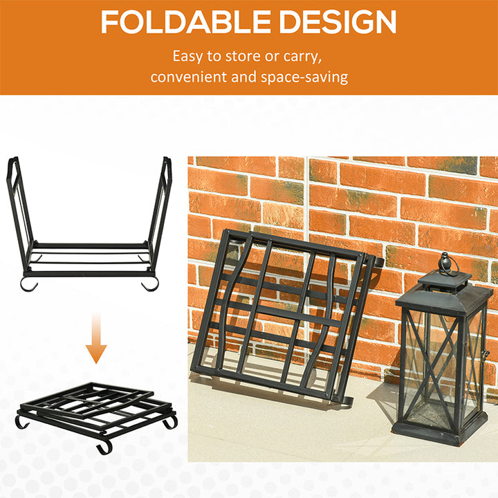 Metal Firewood Log Holder Indoor Outdoor Folding Firewood Rack Fireplace Wood Storage Shelf w/ Scrolls, Rust-Resistant, Black, 48L x 34W x 37Hcm