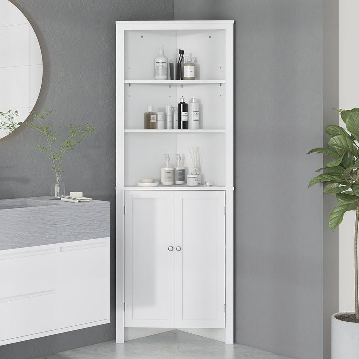 MCL Triangle Bathroom Cabinet, Corner Bathroom Storage Unit with Cupboard and 3-Tier Shelves, Free Standing, White