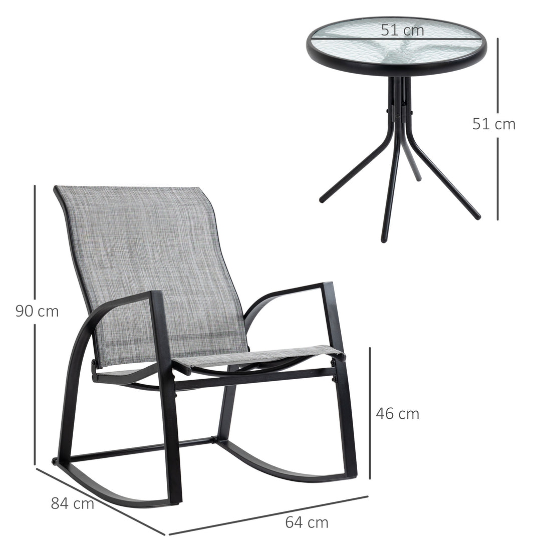 Outsunny Outdoor Patio Bistro Set with 2 Rocking Chairs & Tempered Glass Table, Ideal for Garden, Porch, Poolside, Grey