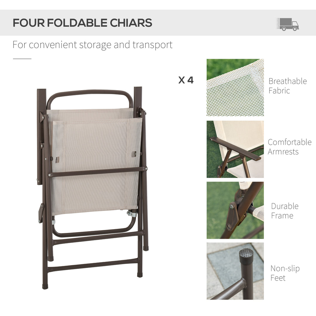 MCL Garden Patio Texteline Folding Chairs Plus Table and Parasol Furniture Bistro Set 6 Pieces - Coffee/Cream