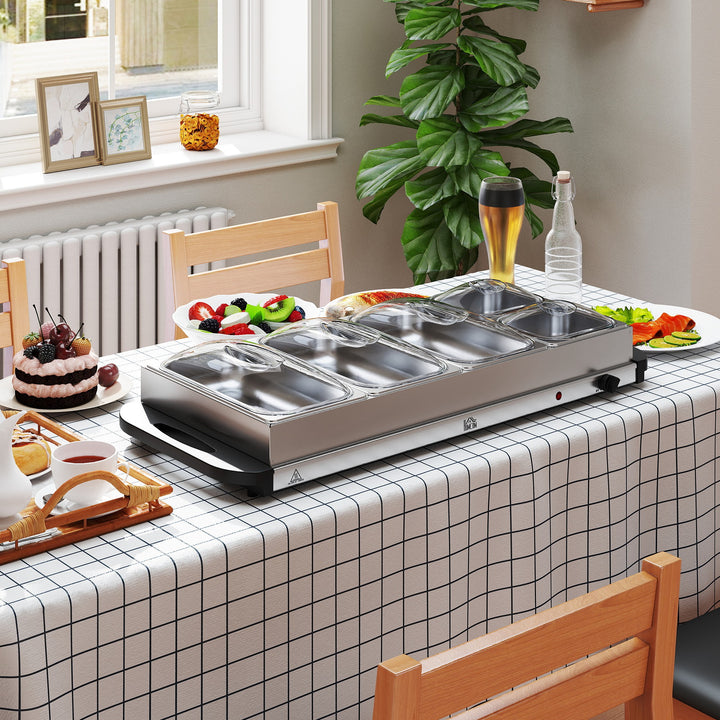 Electric Food Warmer 5 Tray, 9.2L Portable Buffet Server and Warming Tray with Lids, Adjustable Temperature Control and Cool Touch Handles, 450W, 3 x 2.4L and 2 x 1L, Silver Tone