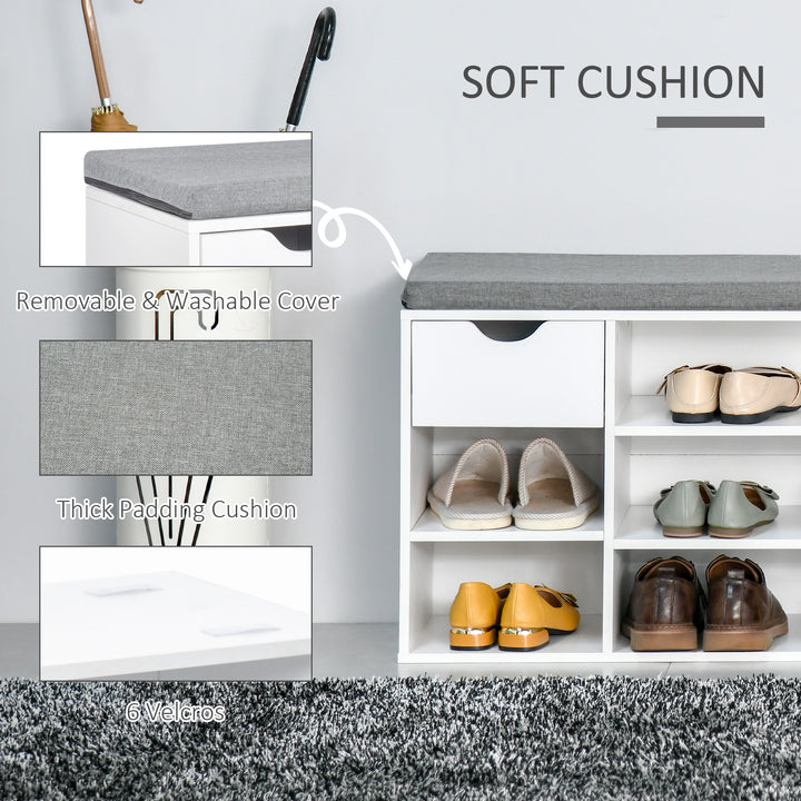 HOMCOM Shoe Storage Bench with Cushion, 7 Compartments, Adjustable Shelves, Drawer, White and Grey | Aosom UK