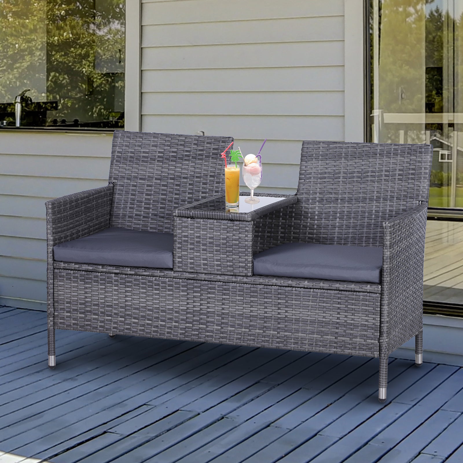 2-Seater PE Rattan Outdoor Garden Bench w/ Centre Table Grey