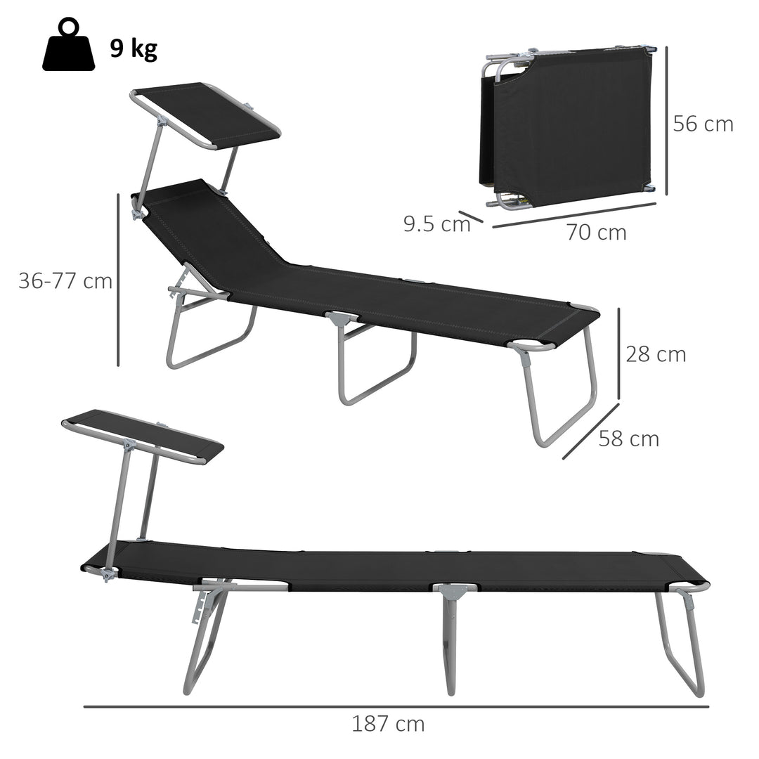 Foldable Sun Lounger Set of 2 with Sun Shade & Adjustable Backrest - Black