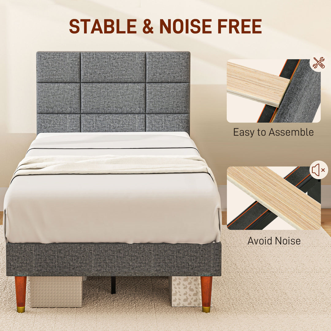 Upholstered Single Bed Frame, with Slats - Grey