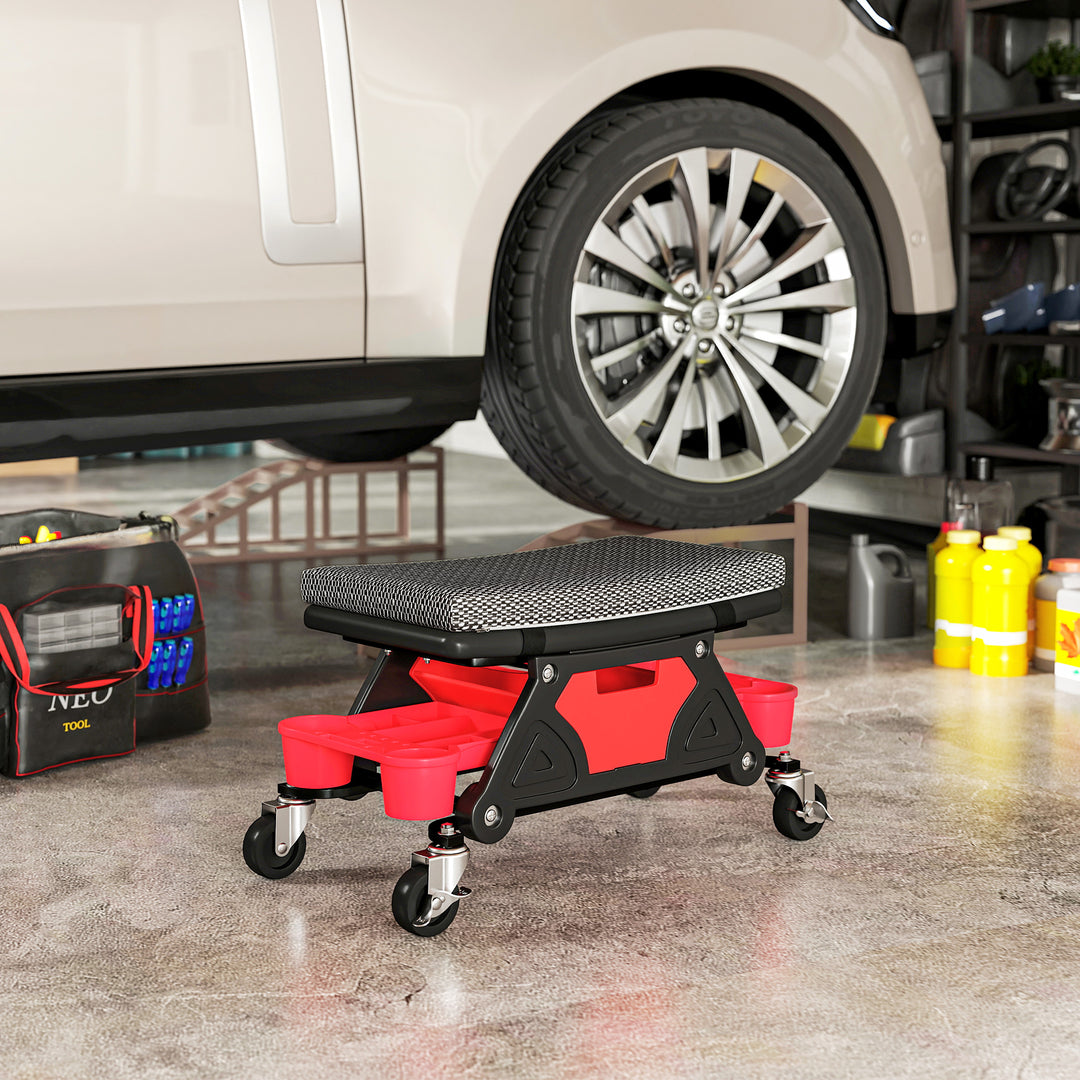 Rolling Mechanic Stool, 135kg Capacity Workshop Stool, 360° Swivel Roller Padded Creeper Seat with Wheels, Slide Out Tool Trays and Drawer for Garage, Shop, Auto Repair, Black