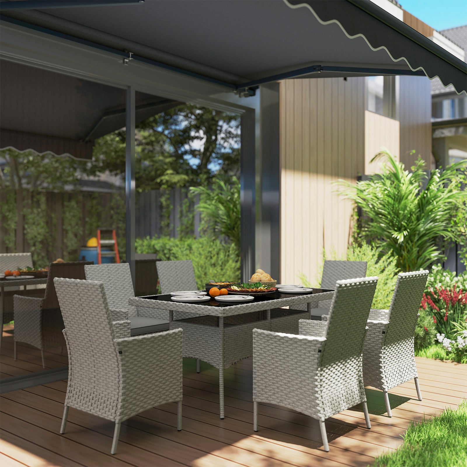 Seven-Piece Rattan Dining Set - Grey