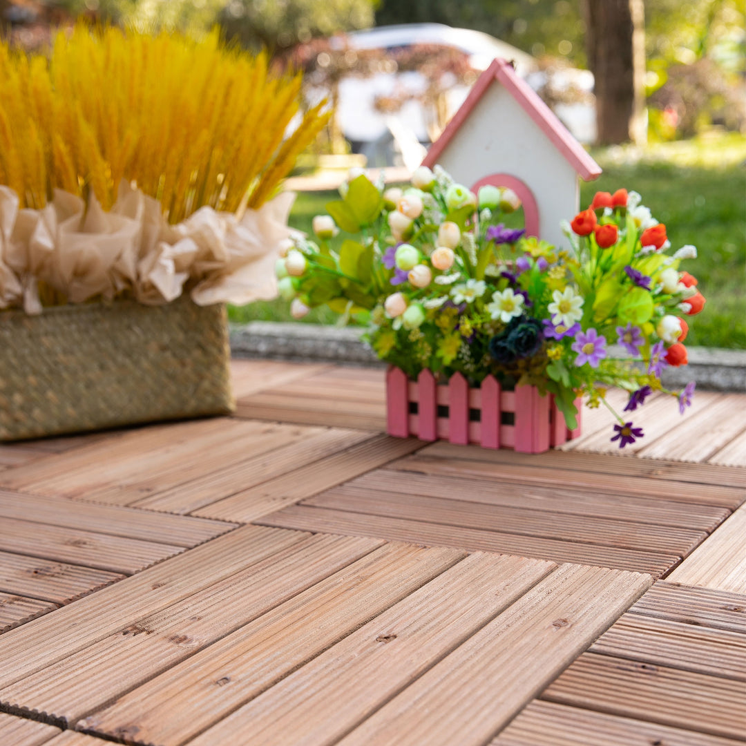 27 Pcs Solid Wood Interlocking Decking Tiles For Patio, Balcony, Roof Terrace, Hot Tub, Brown, (30 x 30 cm Per Piece)