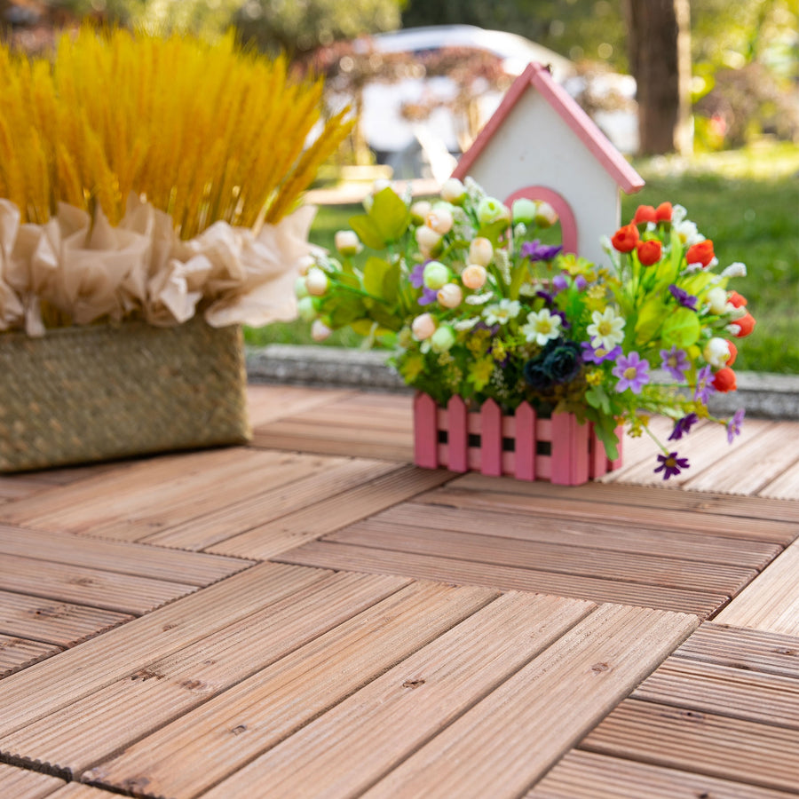 27 Pcs Solid Wood Interlocking Decking Tiles For Patio, Balcony, Roof Terrace, Hot Tub, Brown, (30 x 30 cm Per Piece)