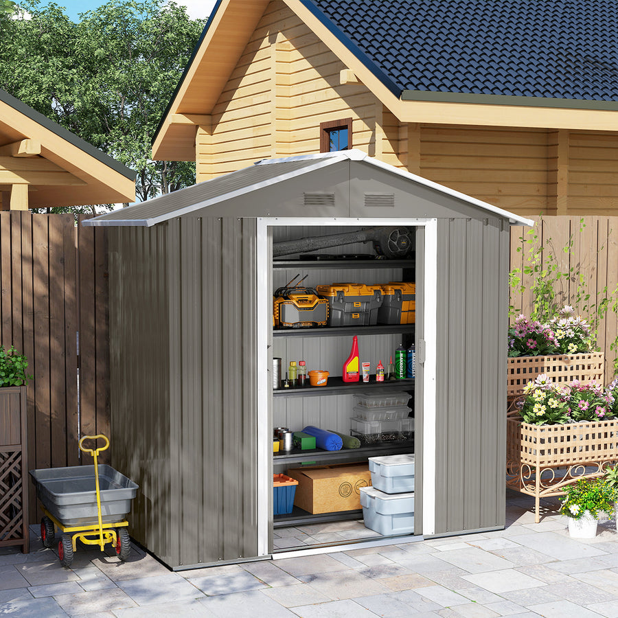6.5ft x 3.5ft Metal Garden Storage Shed for Outdoor Tool Storage with Double Sliding Doors and 4 Vents, Grey