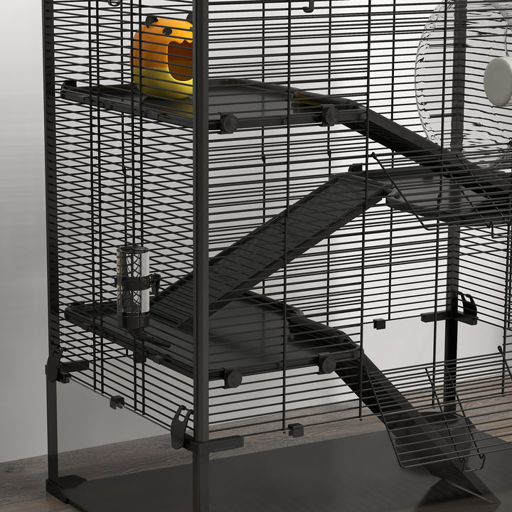 Four-Tier Hamster Cage with Deep Tempered Glass Bottom, Hut, Running Wheel, Food Dish, Water Bottle, 78.5 x 48.5 x 80cm