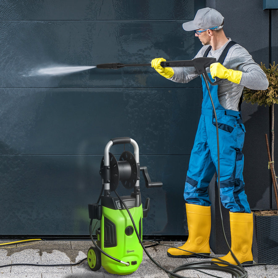 1800W High Pressure Washer, 150 Bar Pressure, 420 L/h Flow, Portable Power Washer Jet Wash Cleaner with Adjustable Nozzle, 6M Hose, Hose Reel, Steel Handle for Home Patio Car Driveway, Green