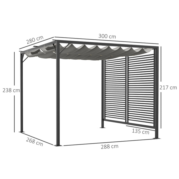3 x 2.8m Metal Pergola, with Retractable Fabric Roof - Grey