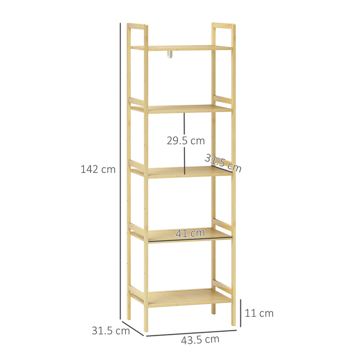 5-Tier Bamboo Bathroom Storage Shelf, Freestanding Shelving Unit with Adjustable Rack for Kitchen Bathroom Living Room, Natural Wood Finish