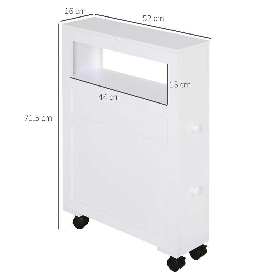 MCL 72x16cm Narrow Bathroom Storage Unit w/ 2 Drawers Open Top 4 Wheels Slimline Modern Rolling Home Organisation