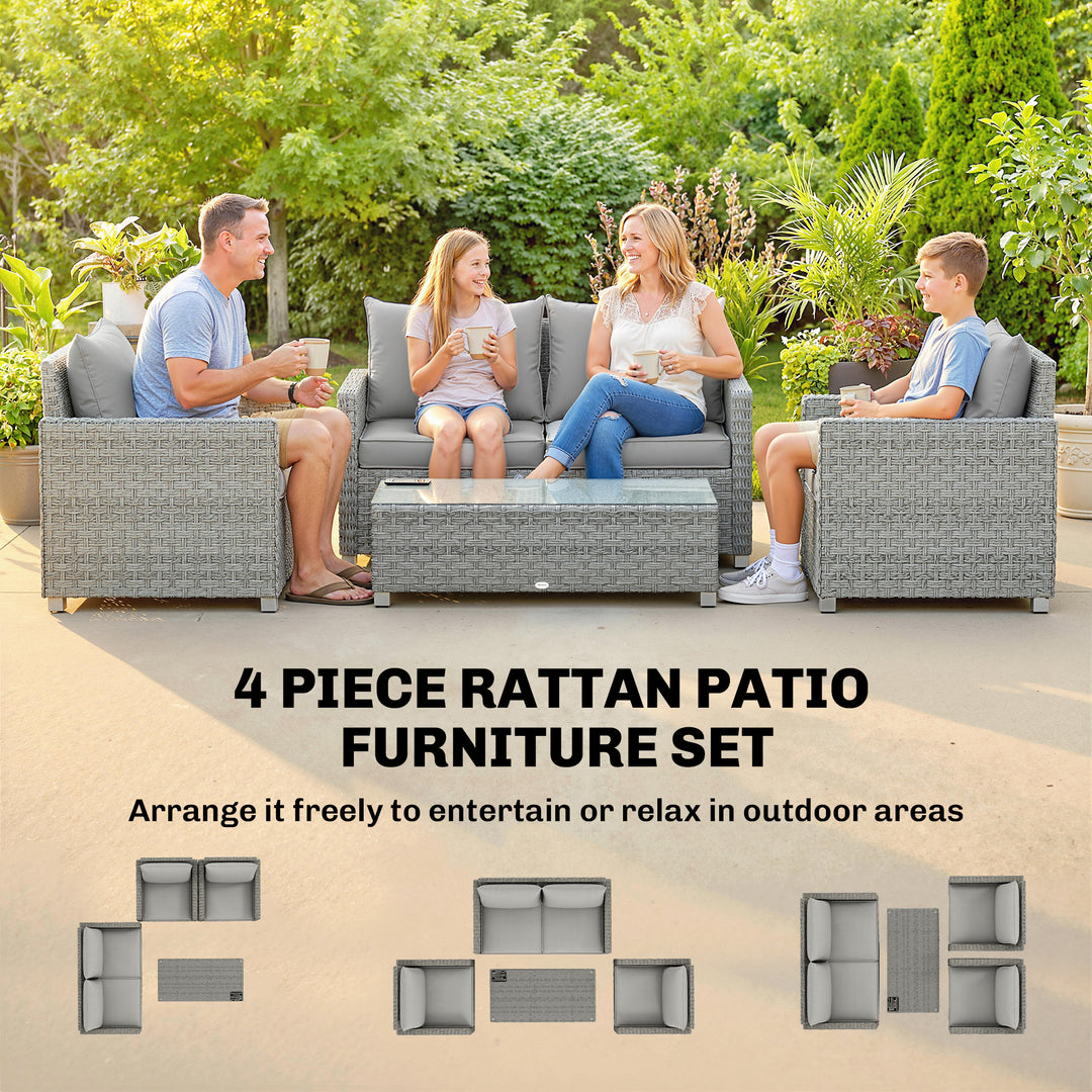 4 Piece Rattan Garden Furniture Set with Loveseat, 2 Armchairs, Glass-
