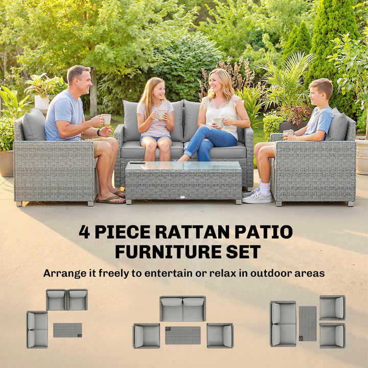4 Piece Rattan Garden Furniture Set with Loveseat, 2 Armchairs, Glass-