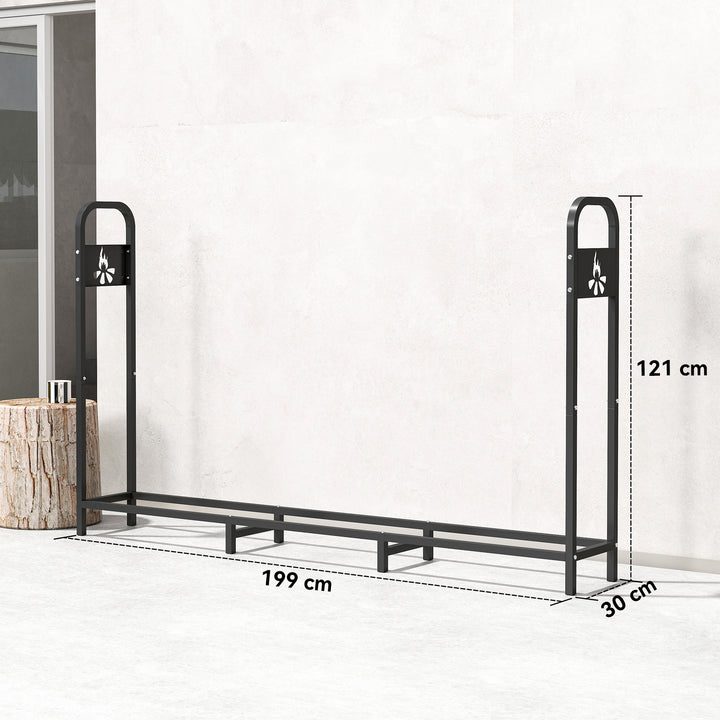 MCL 6.5 FT Steel Firewood Log Rack with 300 kg Capacity, Heavy Duty Indoor Outdoor Fireplace Wood Storage Shelf, Log Holder/Stand with Extra Support Legs, Decorative Bonfire Pattern, Black