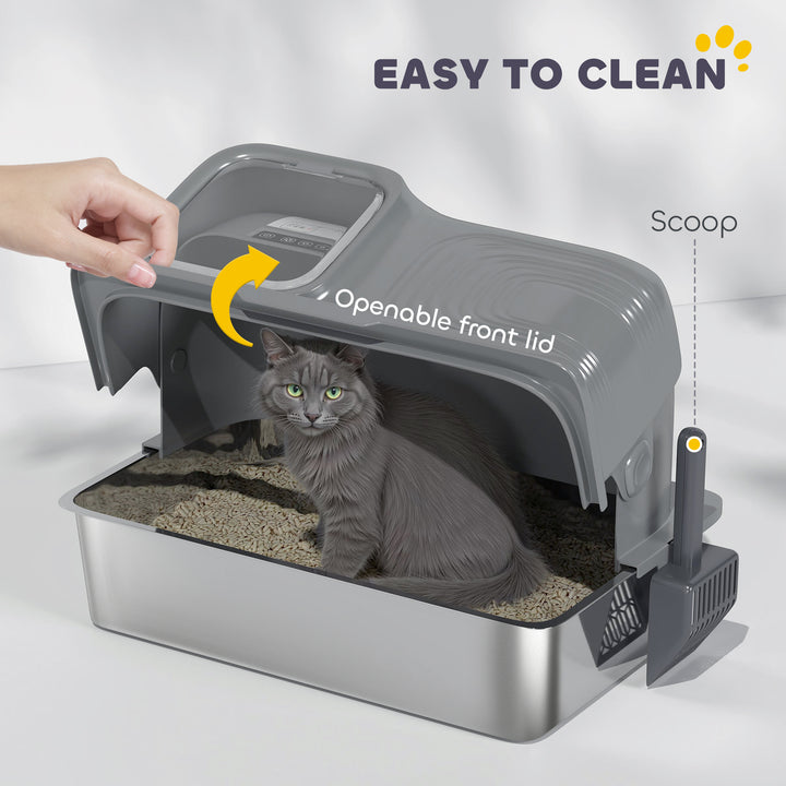 65L Extra Large Stainless Steel Litter Tray with Plasma Deodoriser System, High Sided, Easy to Clean & Odour-Resistant