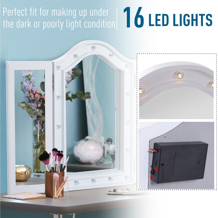 HOMCOM Lighted Vanity Mirror, Trifold Freestanding Tabletop Cosmetic Mirror with 16 LED Lights, Battery Operated, Foldable, White | Aosom UK