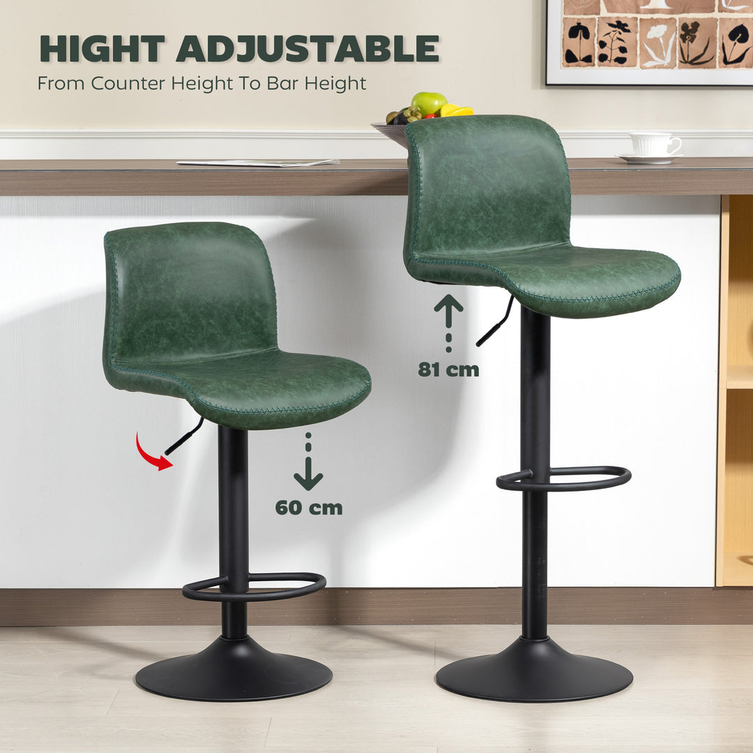 MCL Bar Stools Set of 2, PU Leather Barstools with Backrest and Footrest for Kitchen, Counter, Breakfast Bar, Green