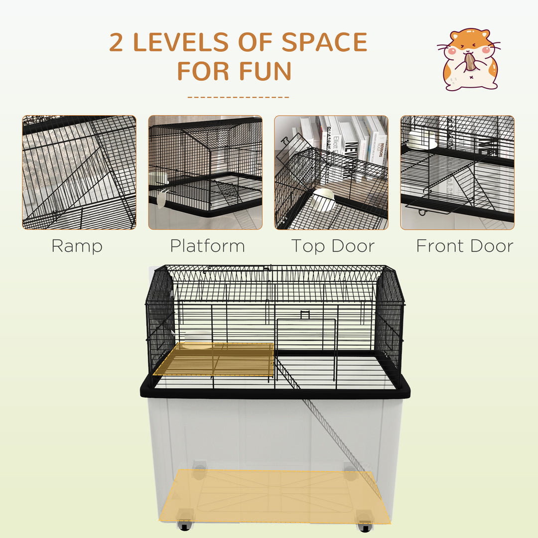 Two-Tier Gerbil Cage, Hamster Cage for Dwarf Hamster, Syrian Hamster w/ Wheels, Deep Bottom, Food Dish, Water Bottle