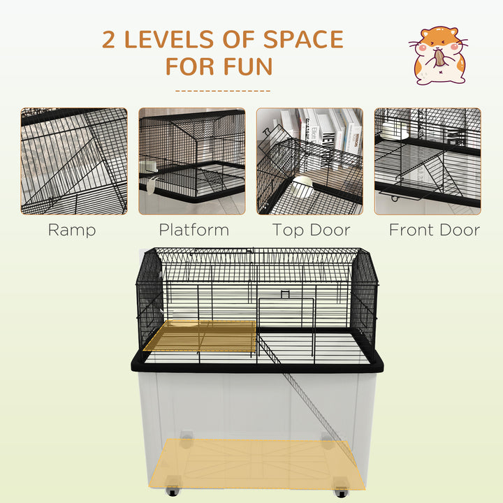 Two-Tier Gerbil Cage, Hamster Cage for Dwarf Hamster, Syrian Hamster w/ Wheels, Deep Bottom, Food Dish, Water Bottle