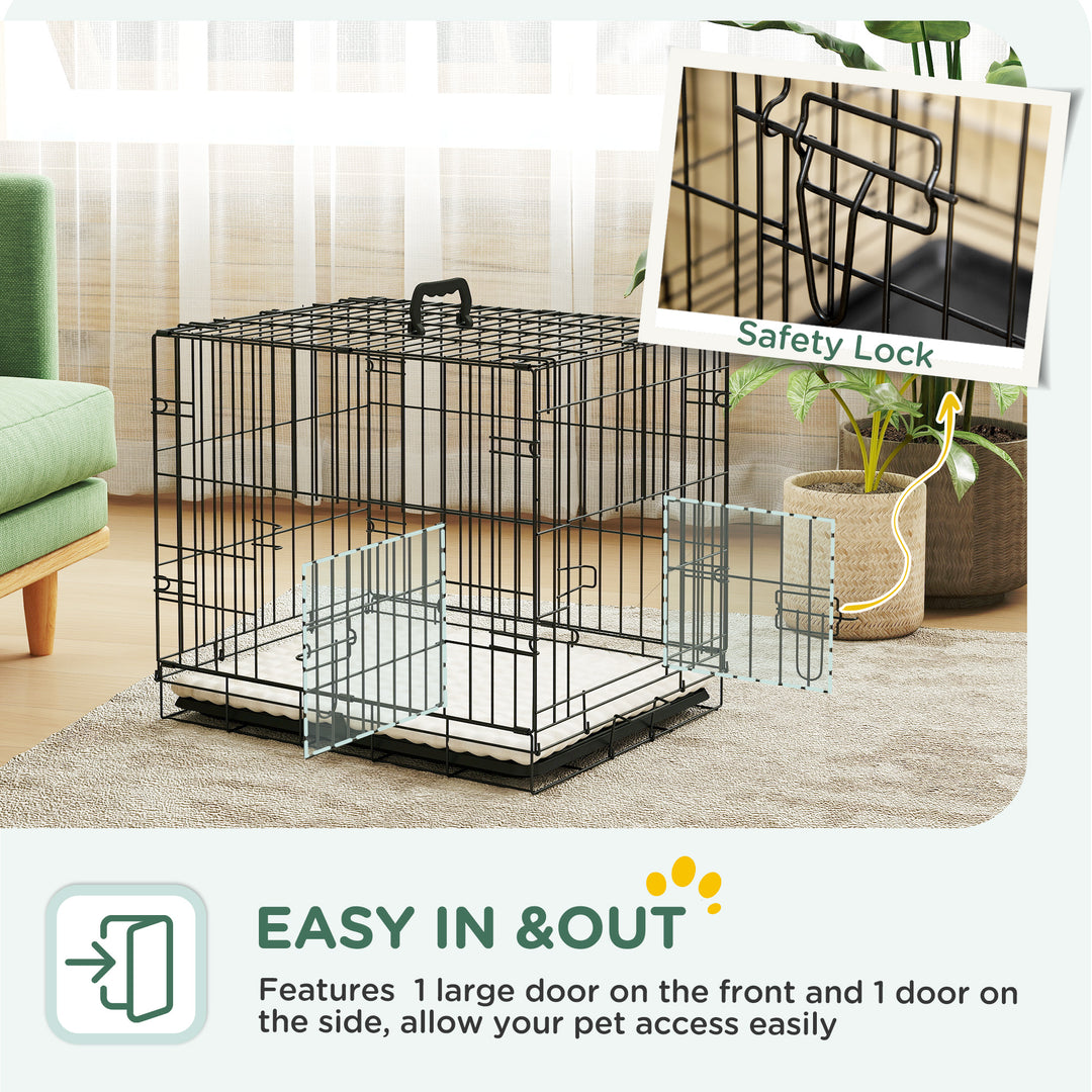 Foldable Dog Crate with Two Doors with Tray, Soft Cushion, for Extra Small Dogs, 60 x 40 x 50, Black