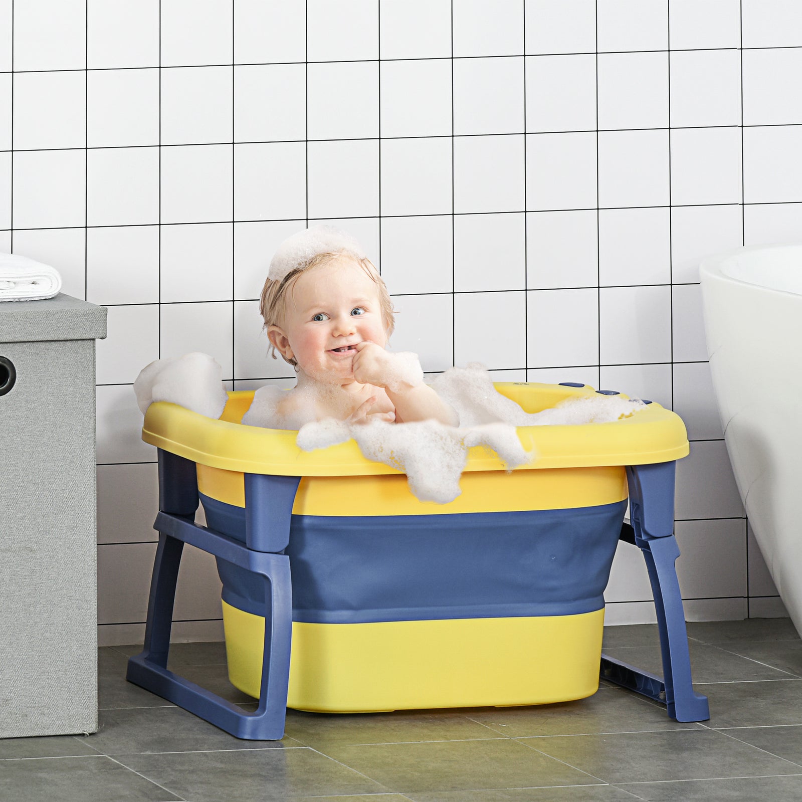 Baby Bathtub for 0-6 Years Collapsible Non-Slip Portable with Stool Seat for Newborns Infants Toddlers Kids - Yellow