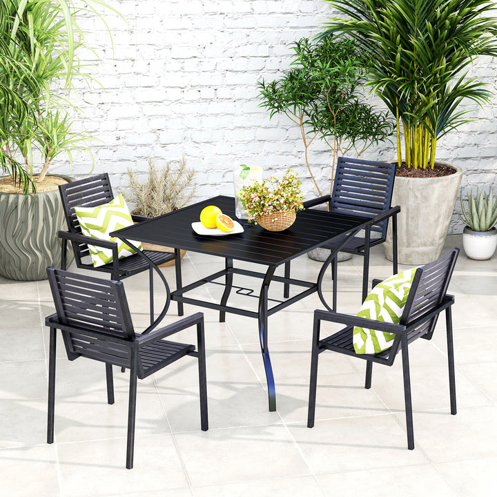 Outsunny 94 x 94 cm Garden Table with Parasol Hole, Outdoor Dining Garden Table for Four with Slatted Metal Plate Top, Black