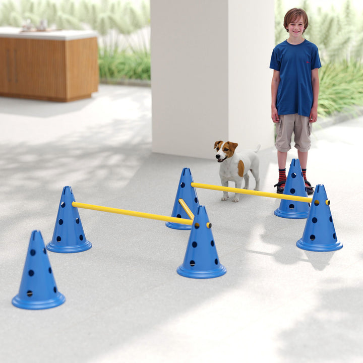Dog Agility Equipment Set of Six Cones, Six Poles with Carry Bag, Three-Piece Adjustable Height Jumping Obstacles, Blue