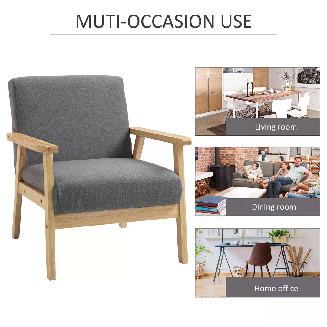 Minimalistic Accent Chair Wood Frame w/Thick Linen Cushions Wide Seat HOMCOM Mid Century Armchair Home Furniture Bedroom Office Grey | Aosom UK