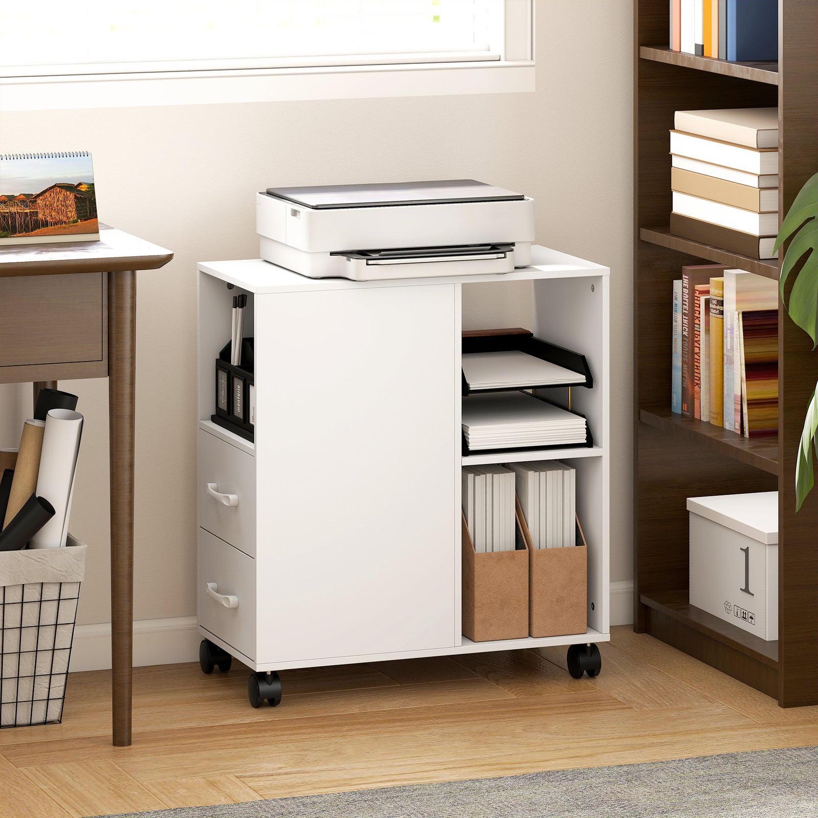 Narrow Mobile Printer Table with Wheels, Rolling Printer Stand with Dr