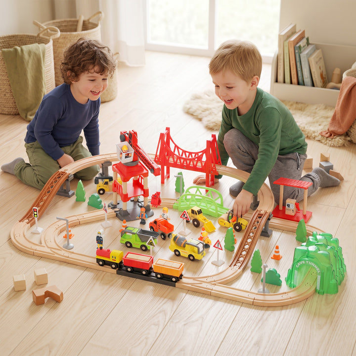 91-Piece Wooden Train Set, Toy Train with Magnetic Crane, Sound - view 2