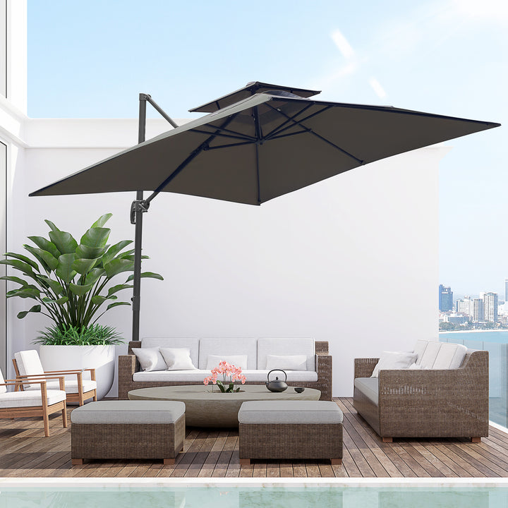 Outsunny 3 x 3(m) Garden Cantilever Roma Parasol with Crank and Tilt, Square Overhanging Patio Umbrella with 360° Rotation, Sun Shade Canopy with Base
