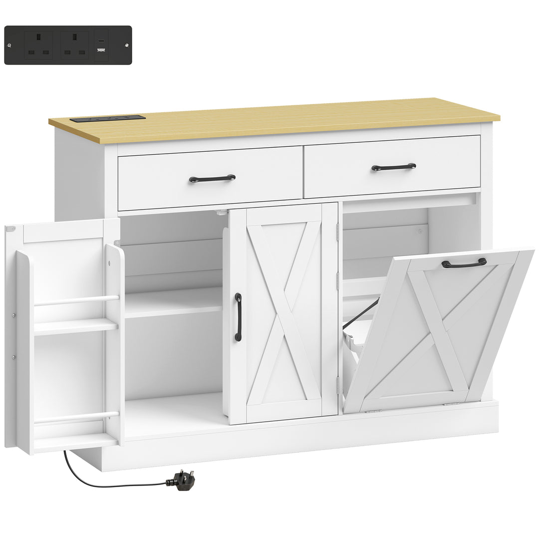 Tilt Out Trash Cabinet with Charging Station, Kitchen Island with - White