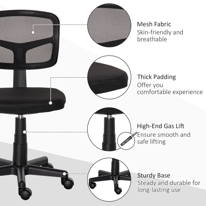 Small Office Chair without Arms, Ergonomic Swivel Mesh Desk Chair with Curved Back and Wheels, Height Adjustable, for Home Vanity Computer Dressing Table Study Bedroom, Holds Up to 120 kg
