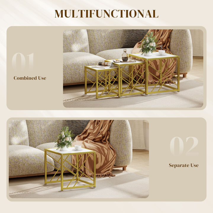 Nesting Coffee Tables, Set of 3 Square Side Tables with Gold Metal Fra