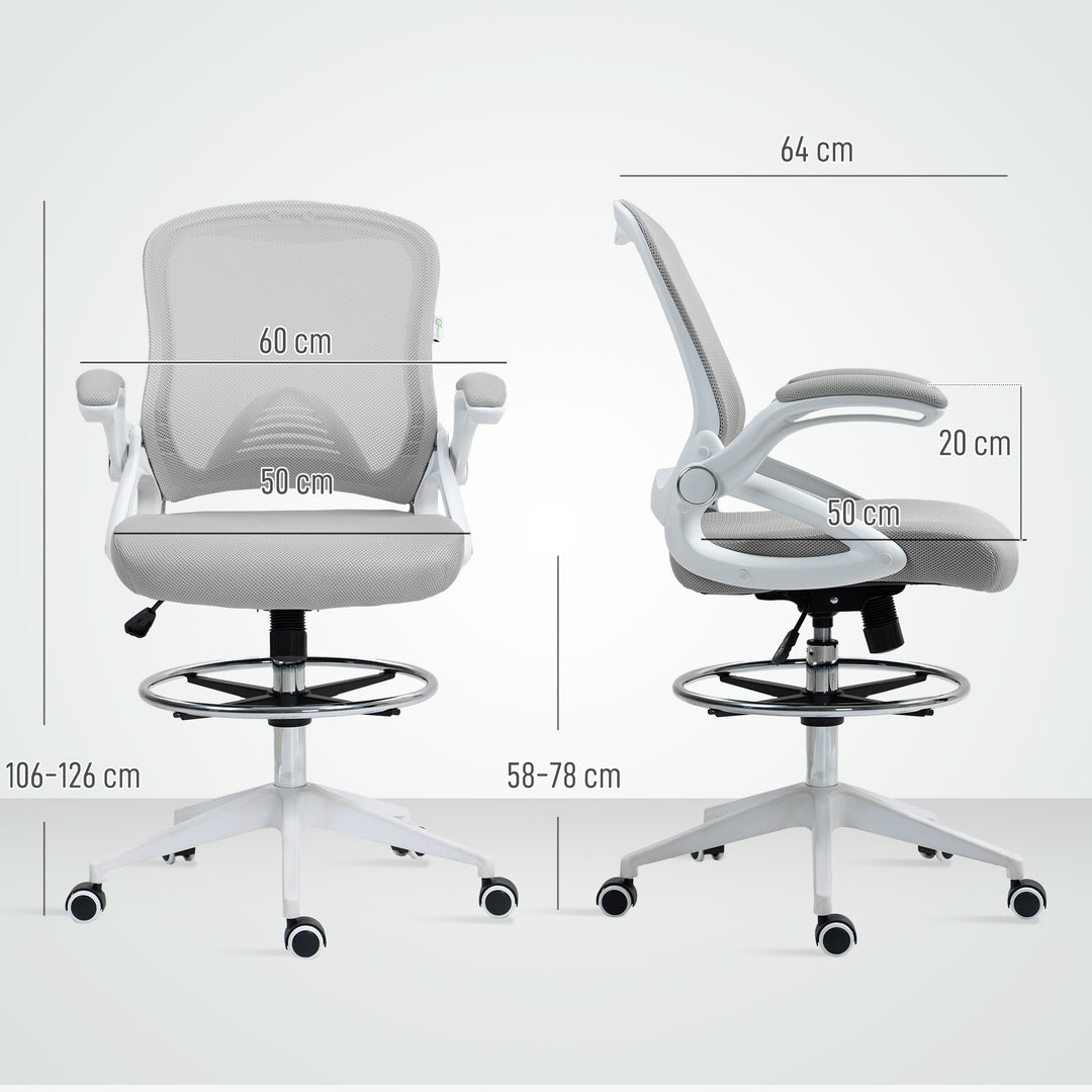 Drafting Chair with Flip-up Armrest, Mesh Office Stool with Foot Ring, 360 Degree Swivel Height Adjustable Chair for Standing Desk, Light Grey