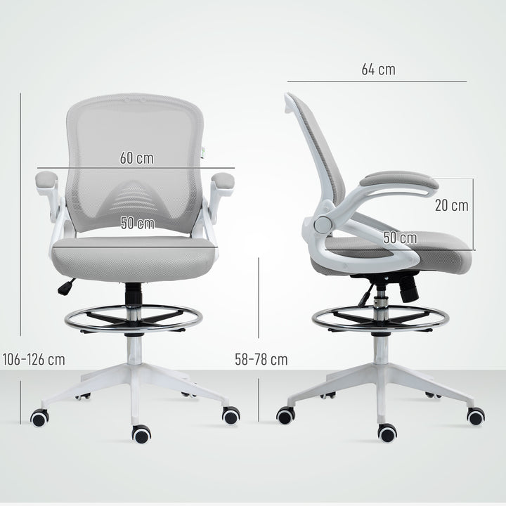 Drafting Chair with Flip-up Armrest, Mesh Office Stool with Foot Ring, 360 Degree Swivel Height Adjustable Chair for Standing Desk, Light Grey