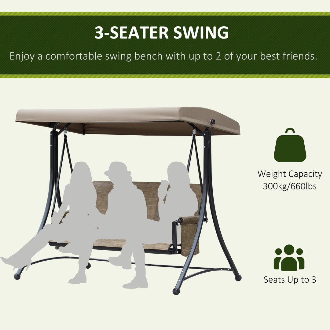 3 Seater Garden Swing Seat Outdoor Swing Chair with High Back Design, Steel Frame, Side Pouches, Adjustable Canopy, Brown