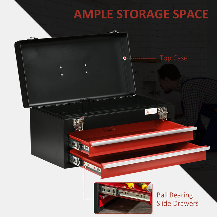 DURHAND Lockable Metal Tool Chest with 2 Drawers, Portable Toolbox with Ball Bearing Runners, 460mm x 240mm x 220mm | Aosom UK