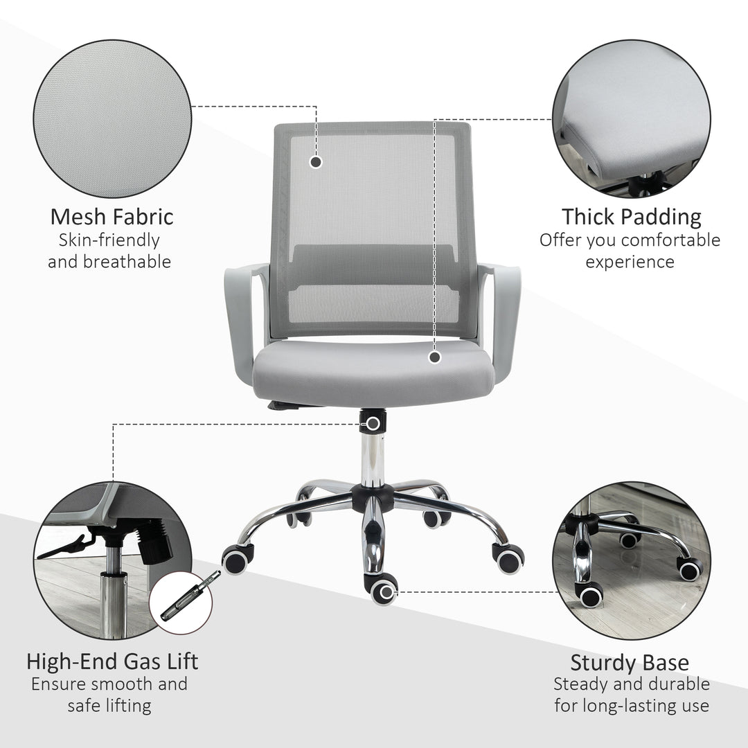 Ergonomic Desk Chair Mesh Office Chair with Adjustable Height Armrest and 360° Swivel Castor Wheels Grey