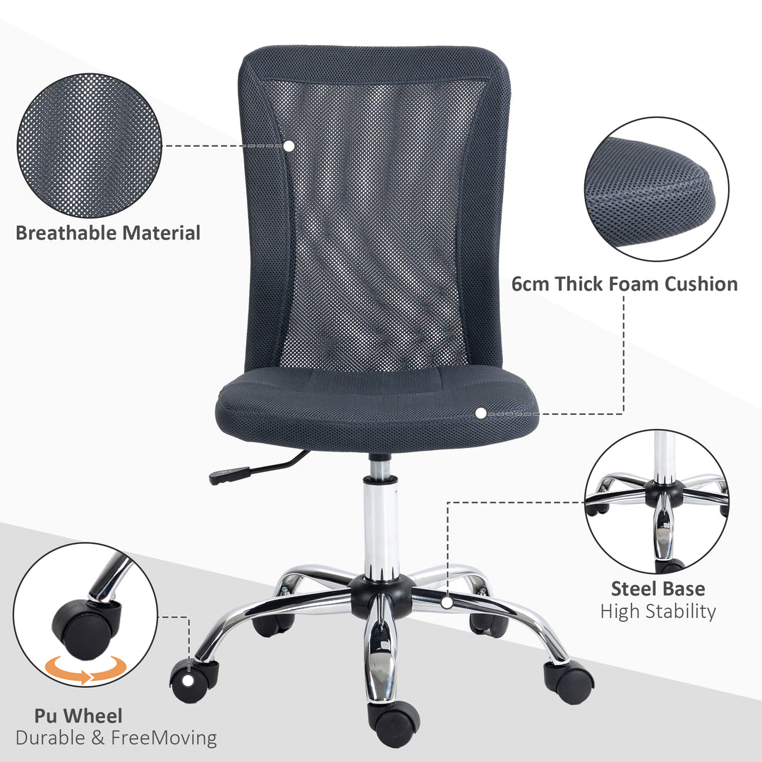 Computer Desk Chair, Mesh Office Chair with Adjustable Height and Swivel Wheels, Armless Study Chair, Dark Grey